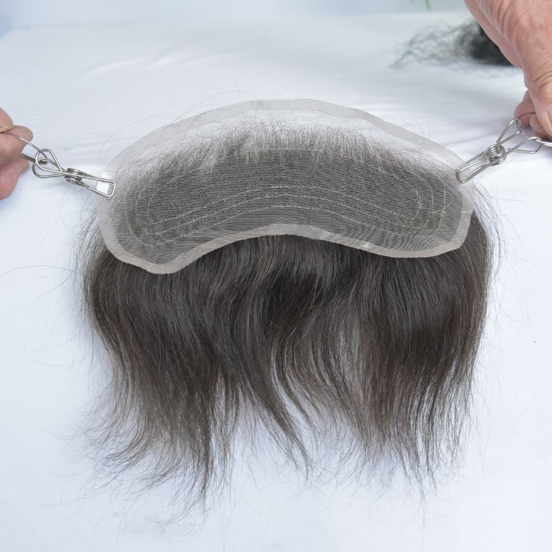 Man Toupee V Style Frontal Hairline For Men 4X18cm French Lace100% Human Remy Hair Front Hair Replacement Straight Hairpiece Natural Color 6inches Invisible Forehead Hairline