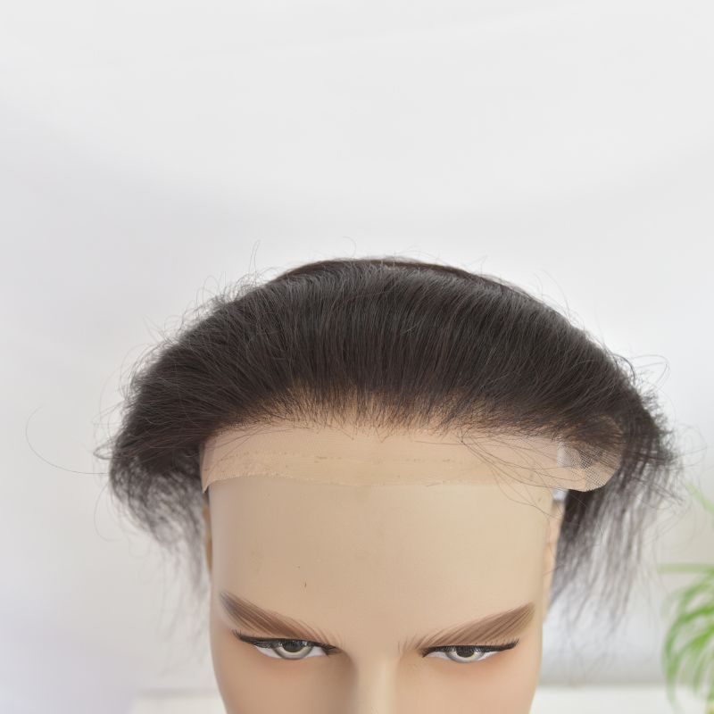 Man Toupee V Style Frontal Hairline For Men 4X18cm French Lace100% Human Remy Hair Front Hair Replacement Straight Hairpiece Natural Color 6inches Invisible Forehead Hairline
