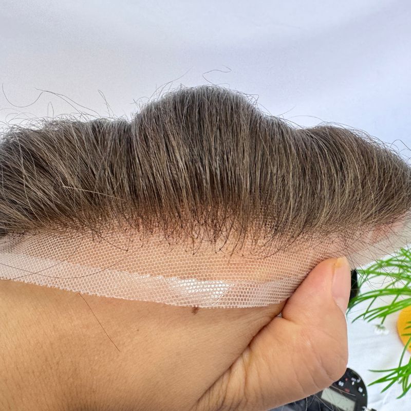 Man Toupee V Style Frontal Hairline For Men 4X18cm French Lace100% Human Remy Hair Front Hair Replacement Straight Hairpiece Natural Color 6inches Invisible Forehead Hairline