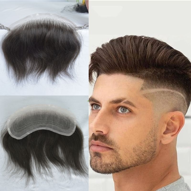 Men Toupee V Style Frontal Hairline For Men 4X18cm French Lace100% Human Remy Hair Front Hair Replacement Straight Hairpiece 6inches Brown 4 Color Invisible Forehead Hairline