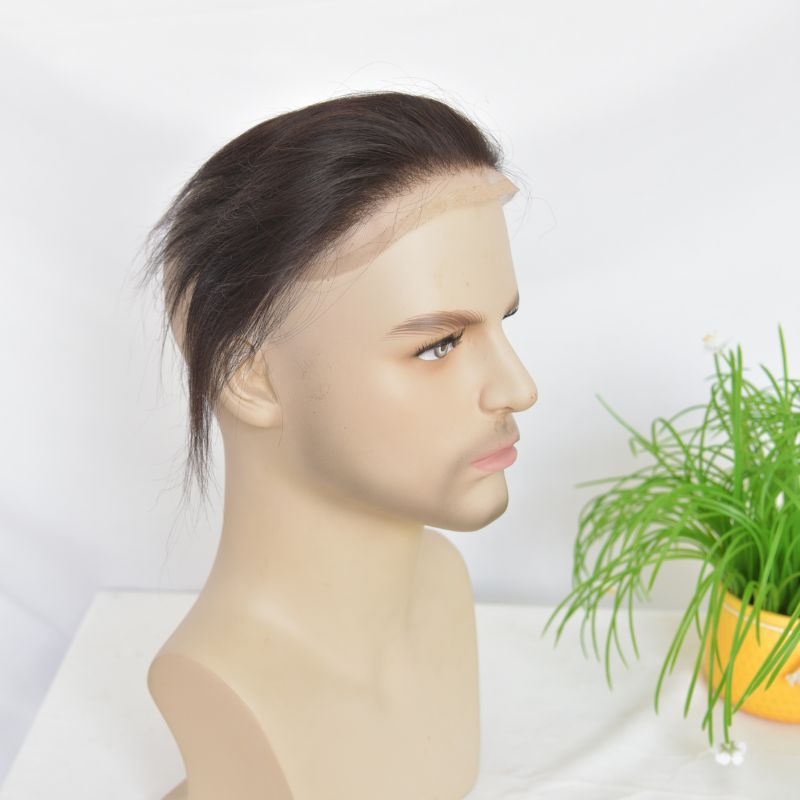 Man Toupee V Style Frontal Hairline For Men 4X18cm French Lace100% Human Remy Hair Front Hair Replacement Straight Hairpiece Natural Color 6inches Invisible Forehead Hairline