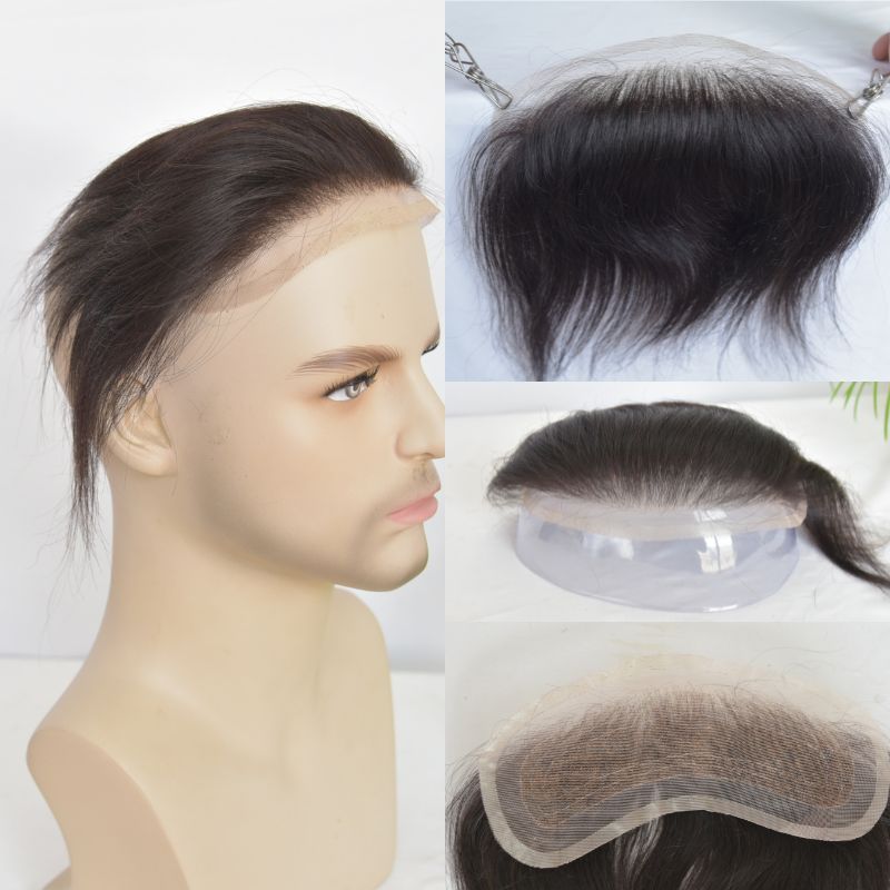 Man Toupee V Style Frontal Hairline For Men 4X18cm French Lace100% Human Remy Hair Front Hair Replacement Straight Hairpiece Natural Color 6inches Invisible Forehead Hairline