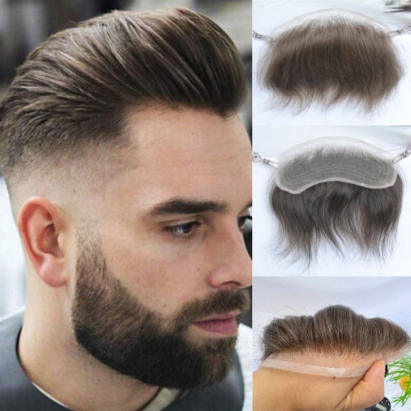 Men Toupee V Style Frontal Hairline For Men 4X18cm French Lace100% Human Remy Hair Front Hair Replacement Straight Hairpiece 6inches Dark Brown 2 Color Invisible Forehead Hairline