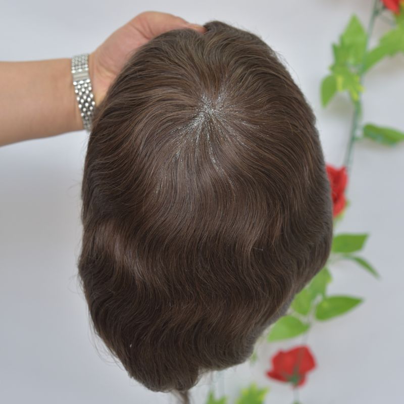 Men's Hair Toupee French  Lace Men Toupee Human Hair System 8x10 Inch 100% Remy Hair System Breathable Men Hairpiece 4 Brown Color