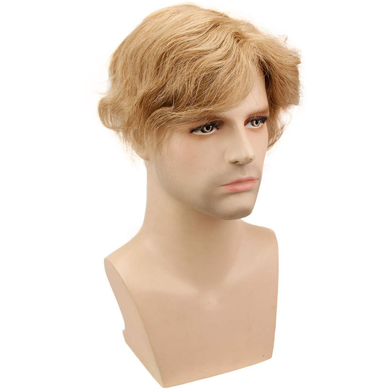 Men's Hair Wig Full Swiss Lace Men Toupee Human Hair Wig Indian Remy Hair System Breathable Men Hairpiece Wave Straight 10X8 Blond 18# Color
