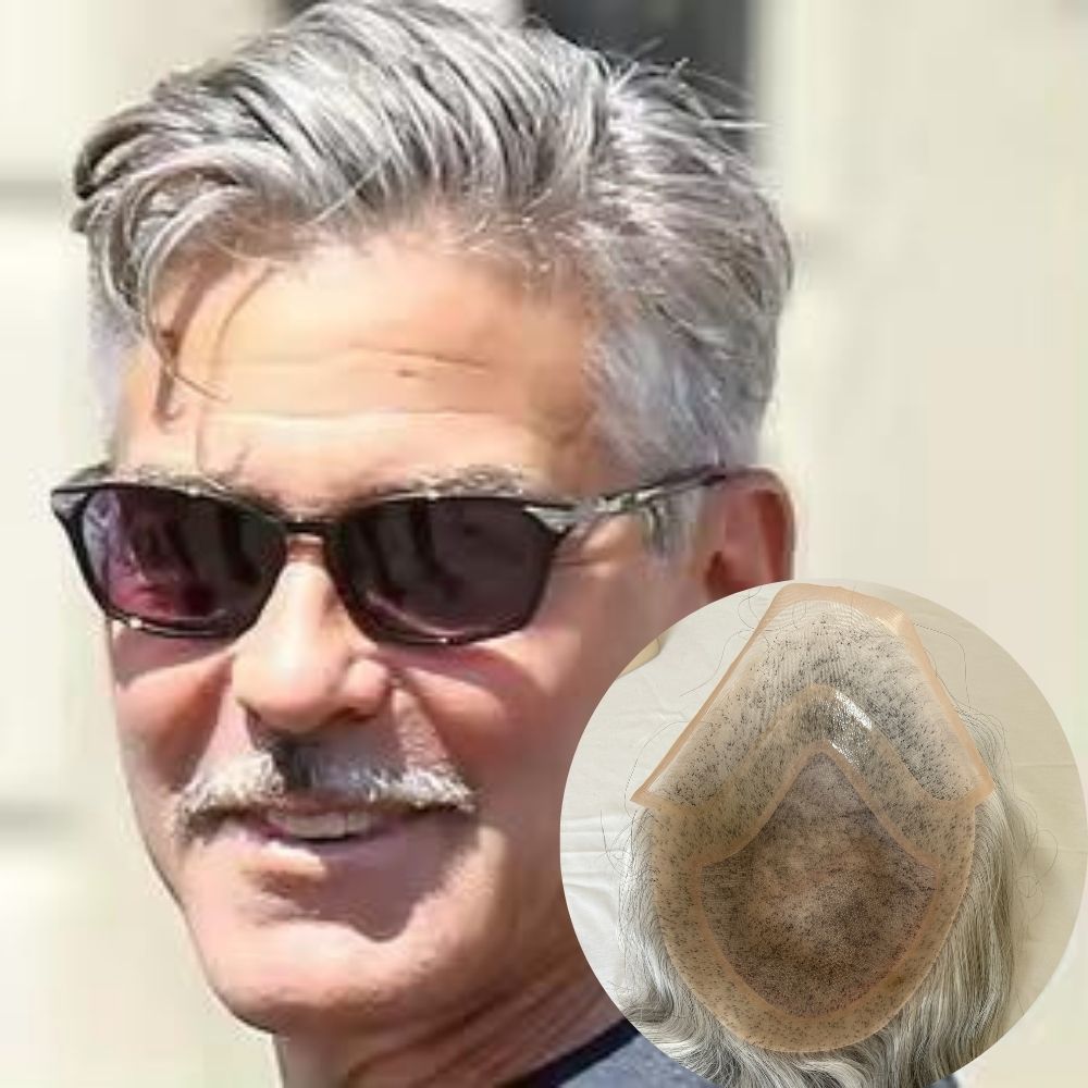 Men Toupee Hollywood Mono with PU Cap Base 100% Human Hair 1BT60 Fashionable Color 8x10 Inch Toupee for Men