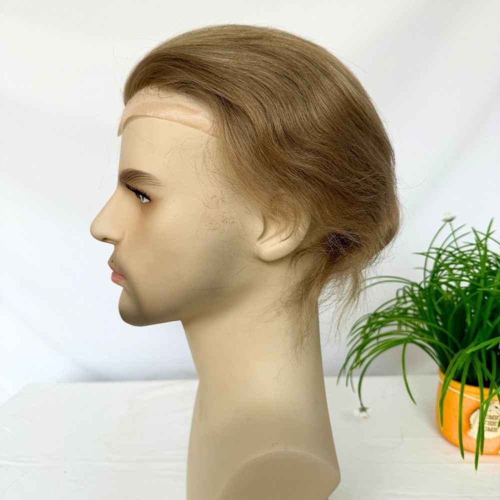 Men's Toupee Stock 18# Ash Brown Blonde Hair 8"x10" Mono Lace with PU Toupee for Man 100% European Human Hair System Lace Front Natural Hairline Hair Replacement