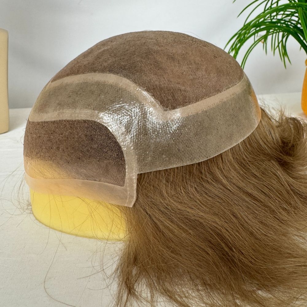 Men's Toupee Stock 18# Ash Brown Blonde Hair 8"x10" Mono Lace with PU Toupee for Man 100% European Human Hair System Lace Front Natural Hairline Hair Replacement