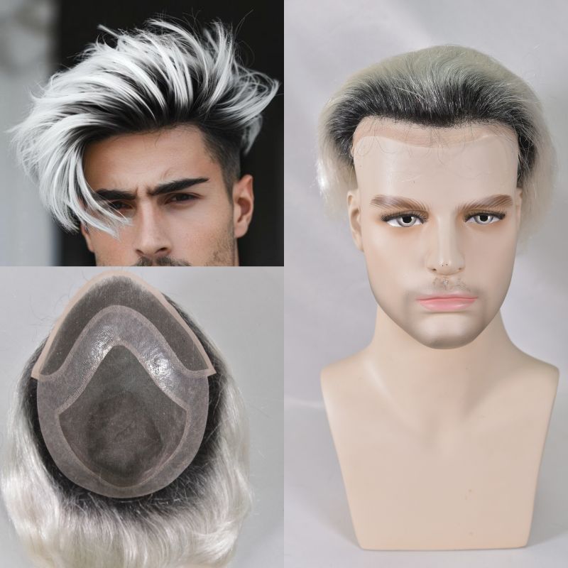 Voloria Hair Men Toupee Mono with PU Around Hair for Men European Remy Human Hair System 8x10 Inch 1BT60 Color Hair Replacement Natural Hairline
