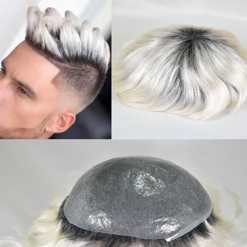 Voloria Hair 1BT60 Color Men Toupee Thin Skin PU Hair for Men European 100% Remy Human Hair System 8x10 Inch Hair Replacement Natural Hairline Mono Lace with PU  