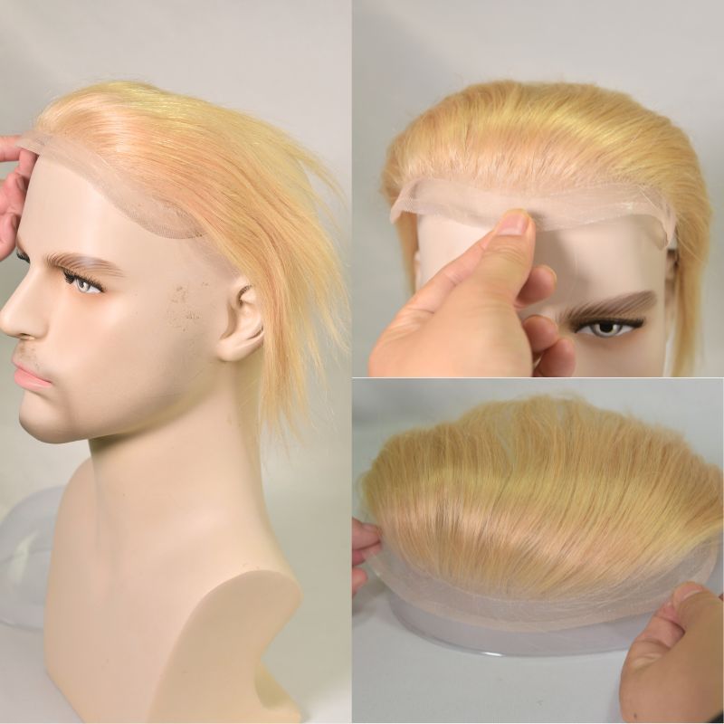 Voloria Hair Mens Forehead Hairline Toupee HD Lace  Hairline For Men 4X18cm  Human Remy Hair Front Blonde Color Hair Patch Straight Hairpiece 100% Density