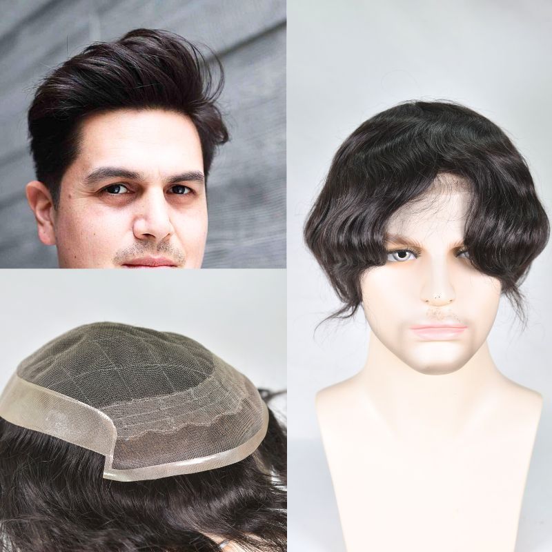 Men's Capillary Prothesis OCT Lace with PU Around 9x7 Toupee for Men European Human Hair Male Wig Natural Hair System Natural Black Color