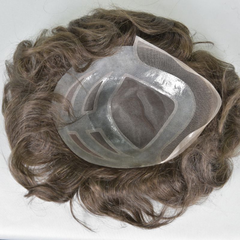 Men's Toupee  French Lace Front  Fine Mono Hairpiece With Lace Front and Skin PU Around Mens Toupee 100% Human Hair Piece Durable Hair System For Men Natural Hairline 8x10