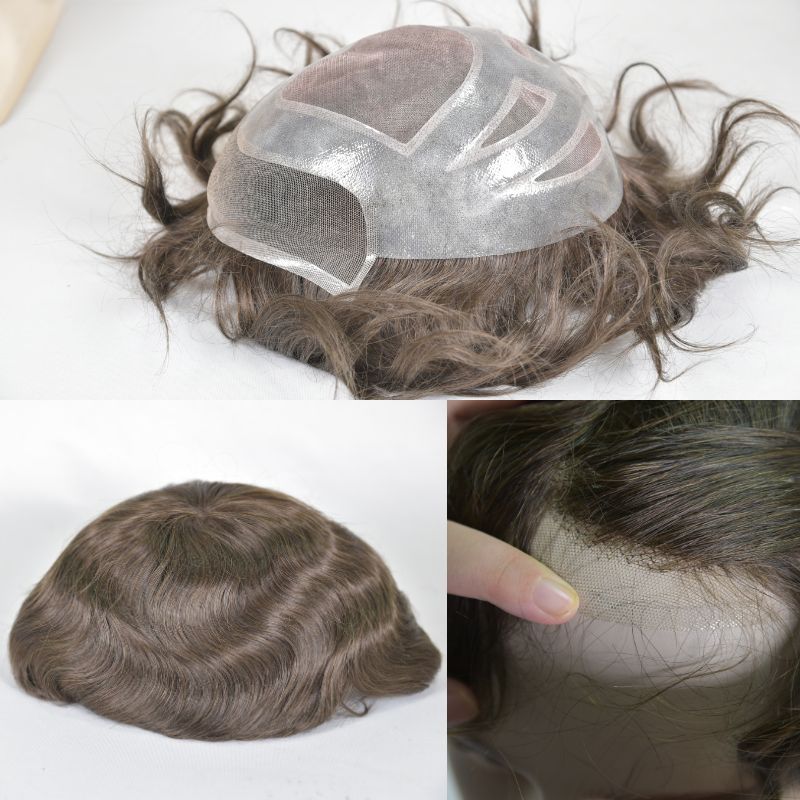 Men's Toupee  French Lace Front  Fine Mono Hairpiece With Lace Front and Skin PU Around Mens Toupee 100% Human Hair Piece Durable Hair System For Men Natural Hairline 8x10