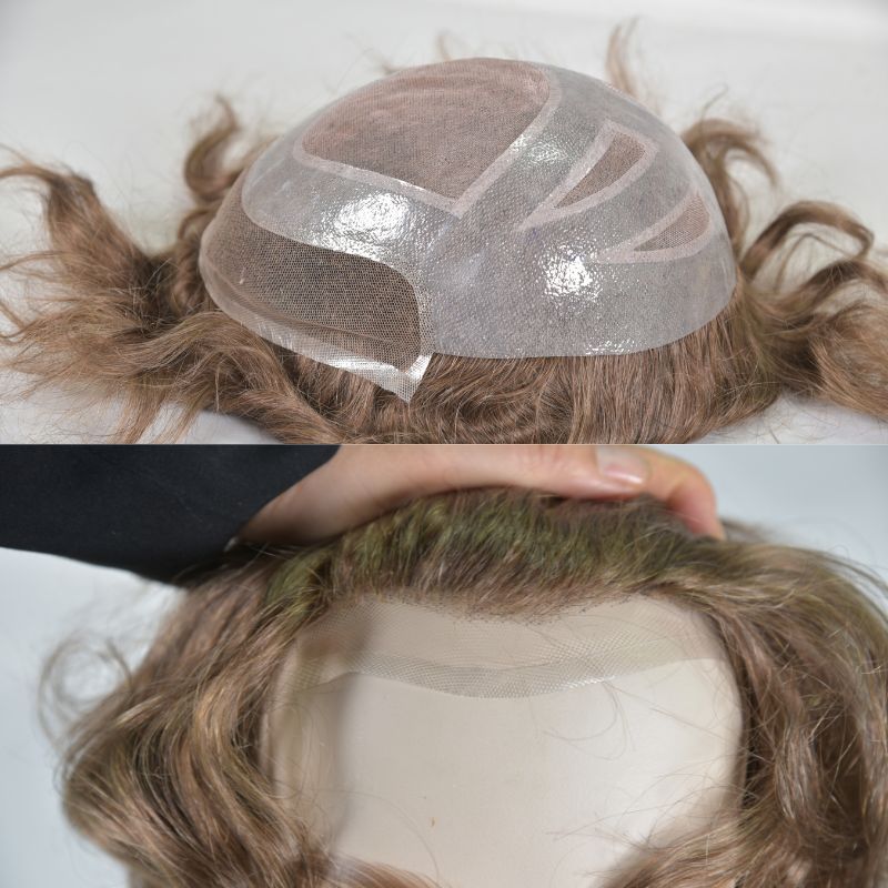Men's Toupee  French Lace Front  Fine Mono Hairpiece With Lace Front and Skin PU Around Mens Toupee 100% Human Hair Piece Durable Hair System For Men Natural Hairline 8x10