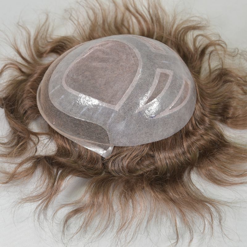 Men's Toupee  French Lace Front  Fine Mono Hairpiece With Lace Front and Skin PU Around Mens Toupee 100% Human Hair Piece Durable Hair System For Men Natural Hairline 8x10