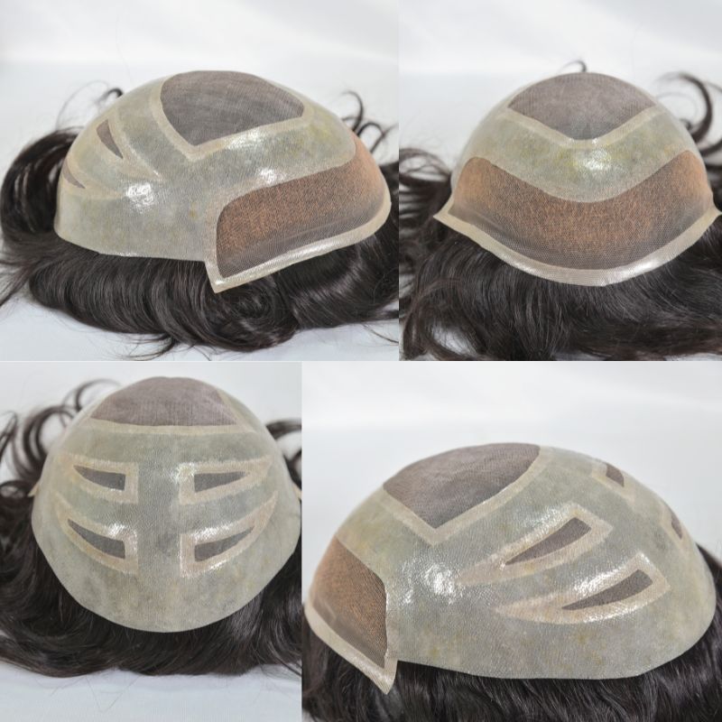 Men's Toupee  French Lace Front  Fine Mono Hairpiece With Lace Front and Skin PU Around Mens Toupee 100% Human Hair Piece Durable Hair System For Men Natural Hairline 8x10