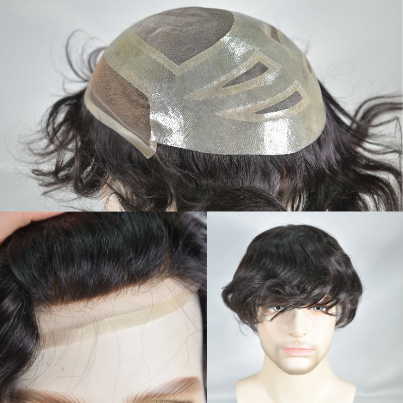 Men's Toupee  French Lace Front  Fine Mono Hairpiece With Lace Front and Skin PU Around Mens Toupee 100% Human Hair Piece Durable Hair System For Men Natural Hairline 8x10