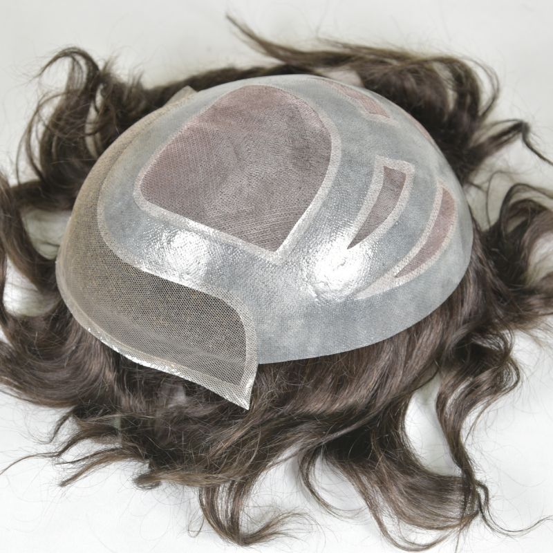 Men's Toupee  French Lace Front  Fine Mono Hairpiece With Lace Front and Skin PU Around Mens Toupee 100% Human Hair Piece Durable Hair System For Men Natural Hairline 8x10
