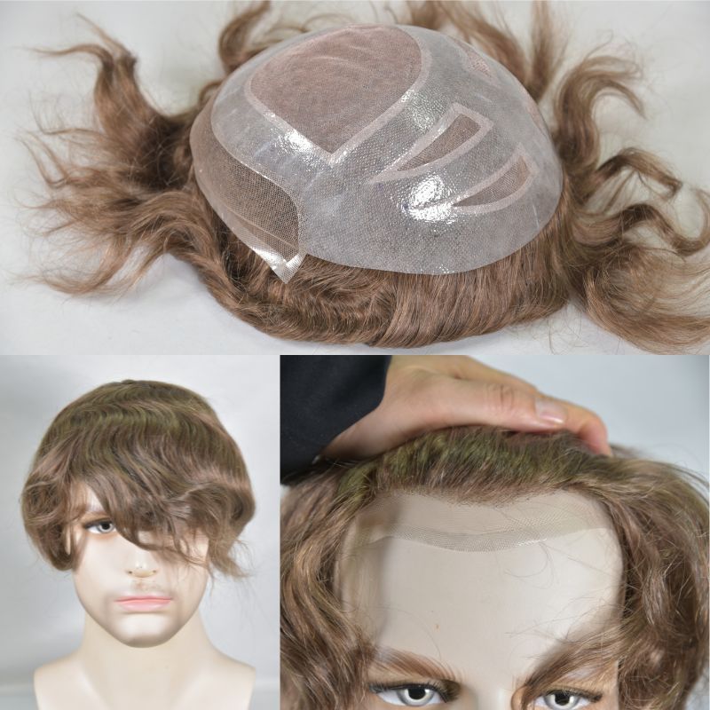 Men's Toupee  French Lace Front  Fine Mono Hairpiece With Lace Front and Skin PU Around Mens Toupee 100% Human Hair Piece Durable Hair System For Men Natural Hairline 8x10