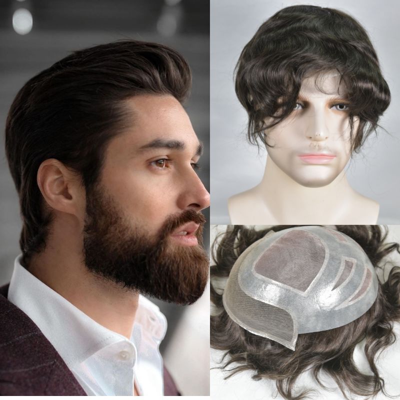 Men's Toupee  French Lace Front  Fine Mono Hairpiece With Lace Front and Skin PU Around Mens Toupee 100% Human Hair Piece Durable Hair System For Men Natural Hairline 8x10