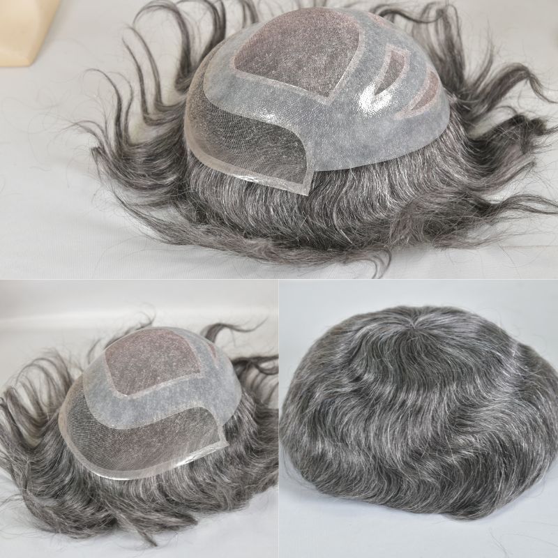 Men's Toupee  French Lace Front  Fine Mono Hairpiece With Lace Front and Skin PU Around Mens Toupee 100% Human Hair Piece Durable Hair System For Men Natural Hairline 8x10