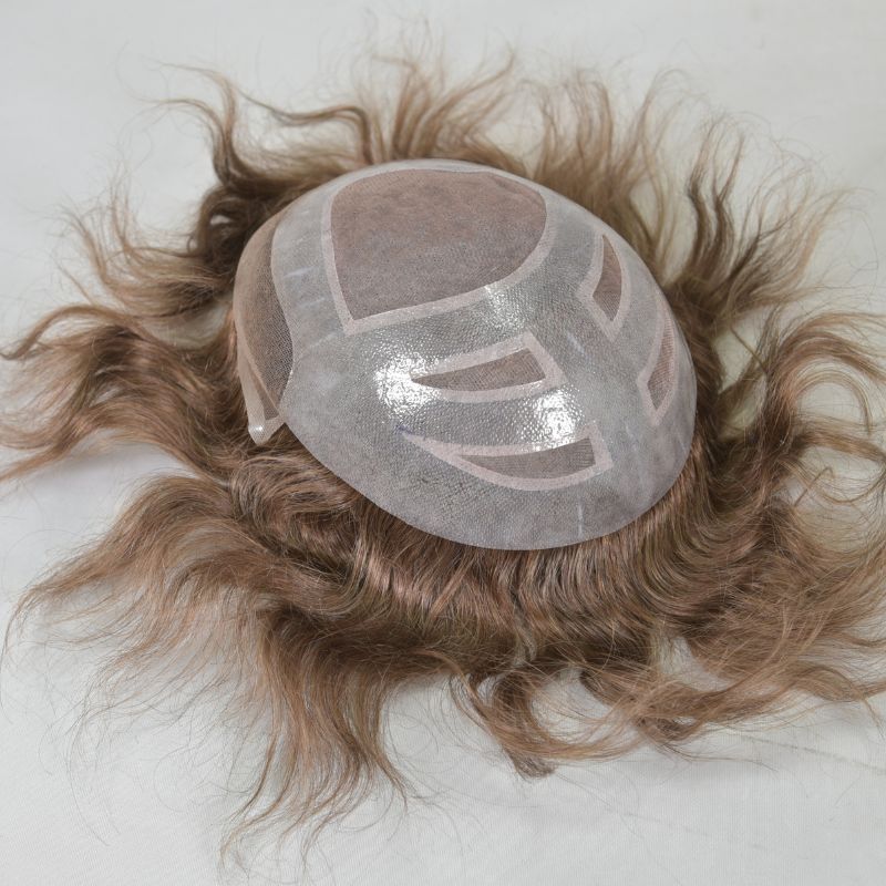 Men's Toupee  French Lace Front  Fine Mono Hairpiece With Lace Front and Skin PU Around Mens Toupee 100% Human Hair Piece Durable Hair System For Men Natural Hairline 8x10