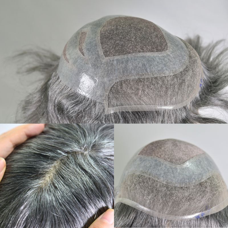 Men's Toupee  French Lace Front  Fine Mono Hairpiece With Lace Front and Skin PU Around Mens Toupee 100% Human Hair Piece Durable Hair System For Men Natural Hairline 8x10