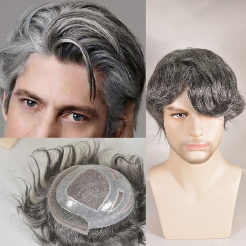 Men's Toupee  French Lace Front  Fine Mono Hairpiece With Lace Front and Skin PU Around Mens Toupee 100% Human Hair Piece Durable Hair System For Men Natural Hairline 8x10