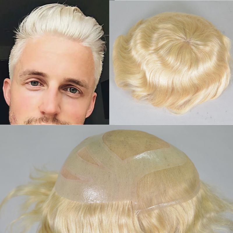 Men's Toupee  French Lace Front  Fine Mono Hairpiece With Lace Front and Skin PU Around Mens Toupee 100% Human Hair Piece Durable Hair System For Men Natural Hairline 8x10