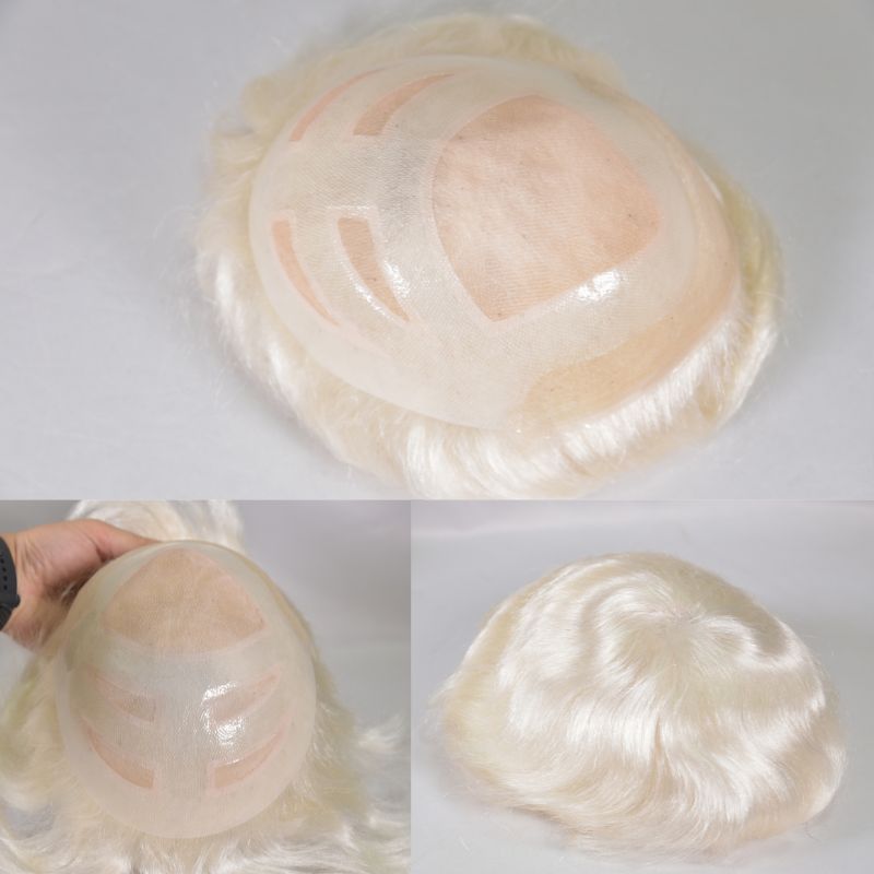 Men's Toupee  French Lace Front  Fine Mono Hairpiece With Lace Front and Skin PU Around Mens Toupee 100% Human Hair Piece Durable Hair System For Men Natural Hairline 8x10