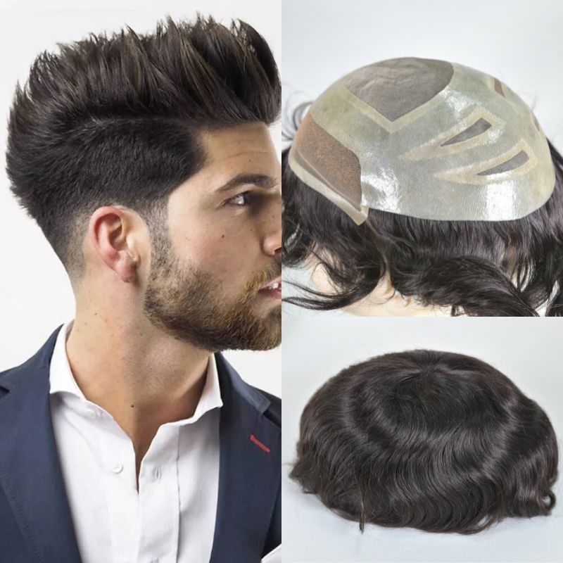Men's Toupee  French Lace Front  Fine Mono Hairpiece With Lace Front and Skin PU Around Mens 1B70 Gray Hair Toupee 100% Human Hair Piece Durable Hair System For Men Natural Hairline 8x10