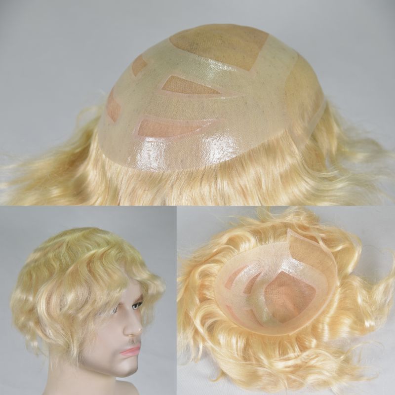 Men's Toupee  French Lace Front  Fine Mono Hairpiece With Lace Front and Skin PU Around Mens Toupee 100% Human Hair Piece Durable Hair System For Men Natural Hairline 8x10