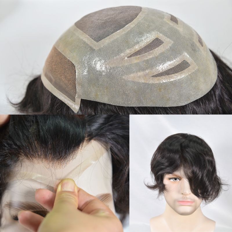 Men's Toupee  French Lace Front  Fine Mono Hairpiece With Lace Front and Skin PU Around Mens Toupee 100% Human Hair Piece Durable Hair System For Men Natural Hairline 8x10