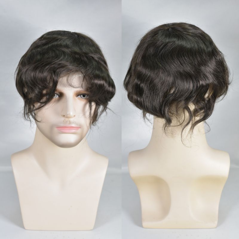 Men's Toupee  French Lace Front  Fine Mono Hairpiece With Lace Front and Skin PU Around Mens Toupee 100% Human Hair Piece Durable Hair System For Men Natural Hairline 8x10