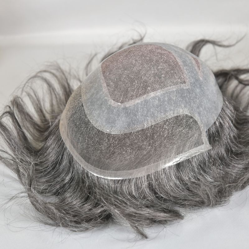 Men's Toupee  French Lace Front  Fine Mono Hairpiece With Lace Front and Skin PU Around Mens Toupee 100% Human Hair Piece Durable Hair System For Men Natural Hairline 8x10