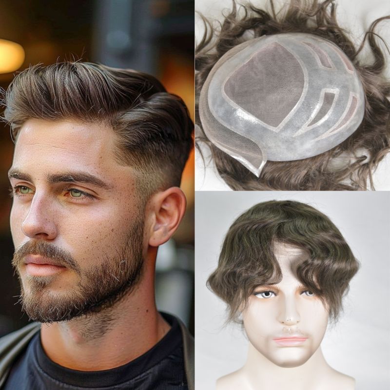 Men's Toupee  French Lace Front  Fine Mono Hairpiece With Lace Front and Skin PU Around Mens Toupee 100% Human Hair Piece Durable Hair System For Men Natural Hairline 8x10