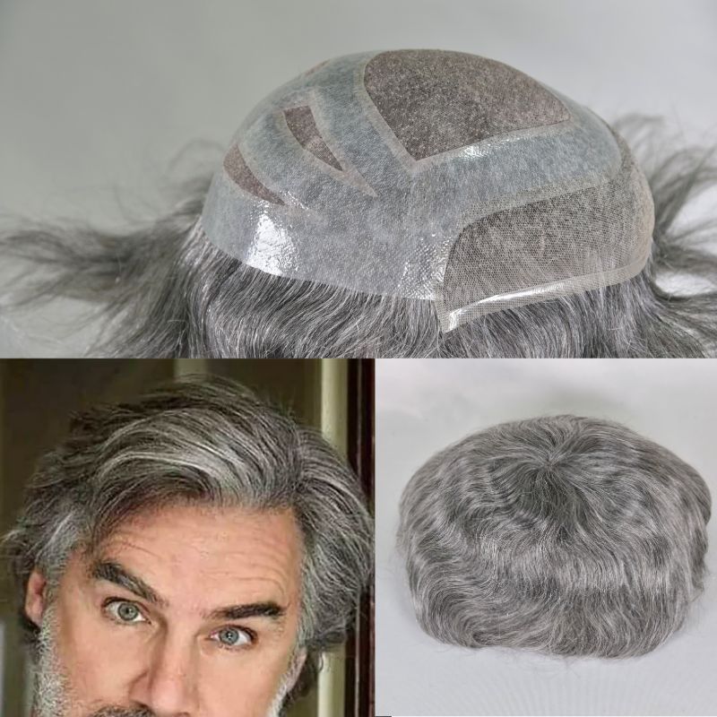 Men's Toupee  French Lace Front  Fine Mono Hairpiece With Lace Front and Skin PU Around Mens Toupee 100% Human Hair Piece Durable Hair System For Men Natural Hairline 8x10