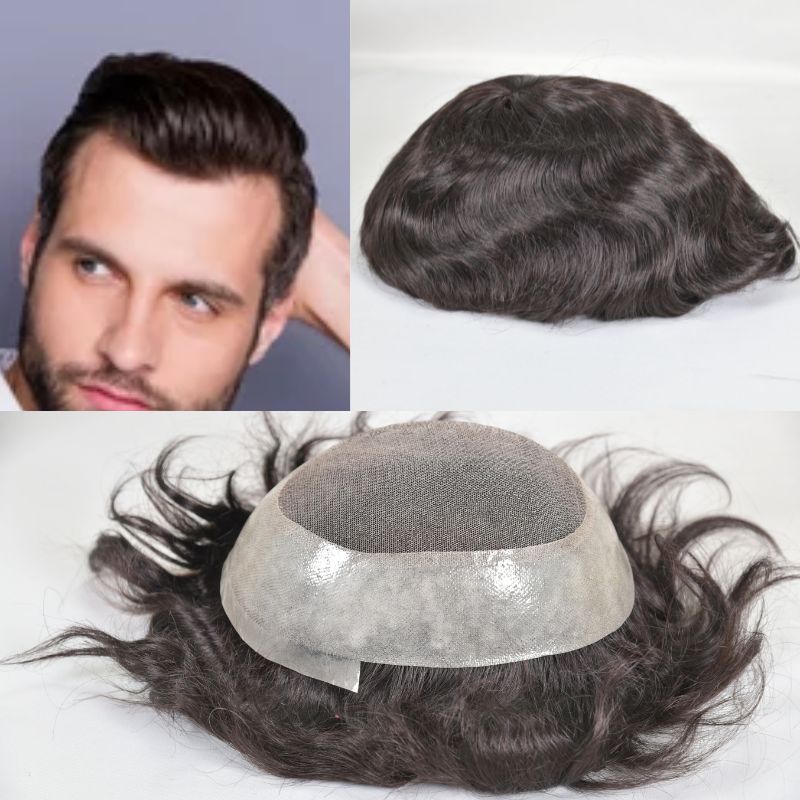 Men's Toupee Durable PU Skin Base with Soft French Lace Hairpieces 100% Human Hair Toupee for Men Australia Base Hair Replacement Natural Color Hair System Men Wigs 8x10 130% Density