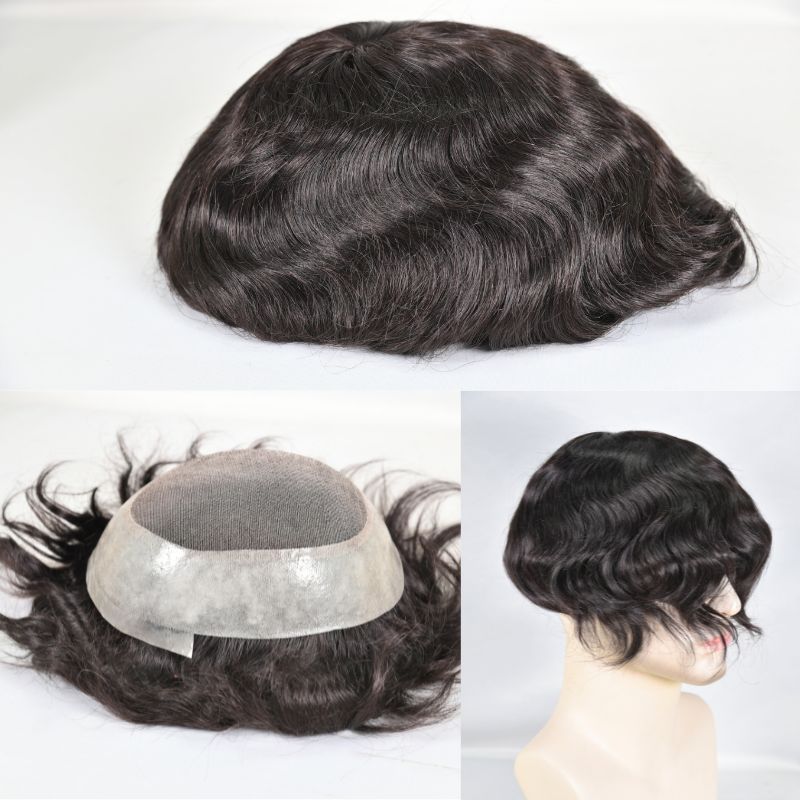 Men's Toupee Durable PU Skin Base with Soft French Lace Hairpieces 100% Human Hair Toupee for Men Australia Base Hair Replacement Natural Color Hair System Men Wigs 8x10 130% Density