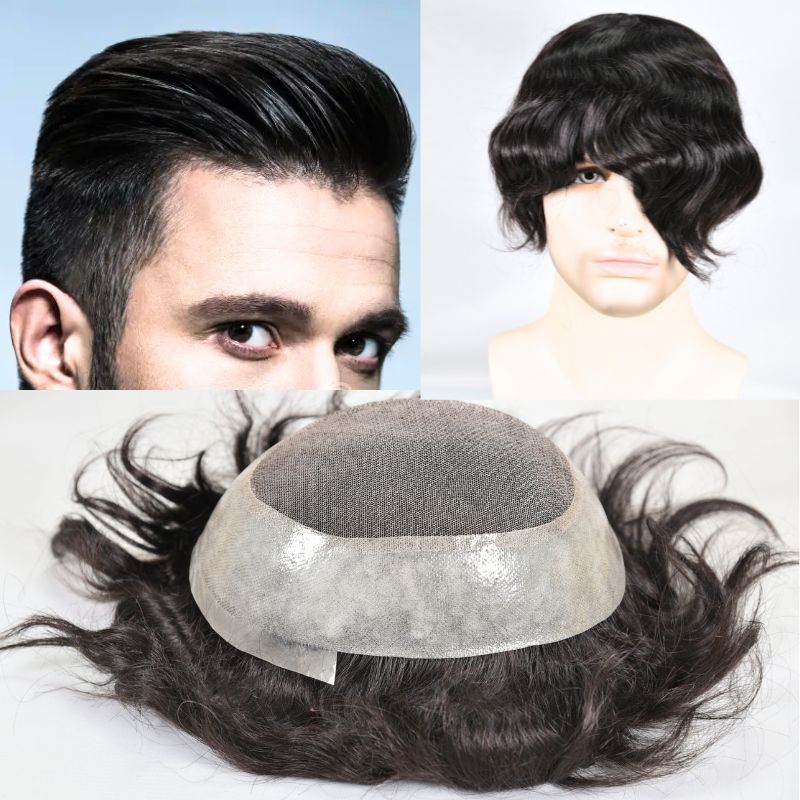 Men's Toupee Durable PU Skin Base with Soft French Lace Hairpieces 100% Human Hair Toupee for Men Australia Base Hair Replacement Natural Color Hair System Men Wigs 8x10 130% Density