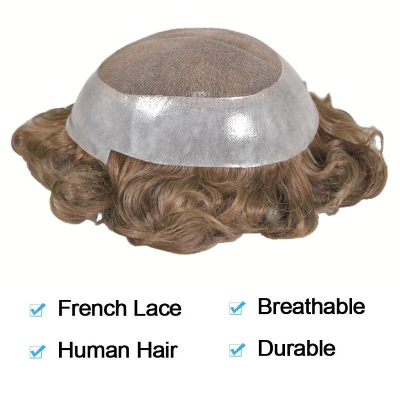 Men's Toupee Durable PU Skin Base with Soft French Lace Hairpieces 100% Human Hair Toupee for Men 2# Dark Brown  Hair  System Men Wigs