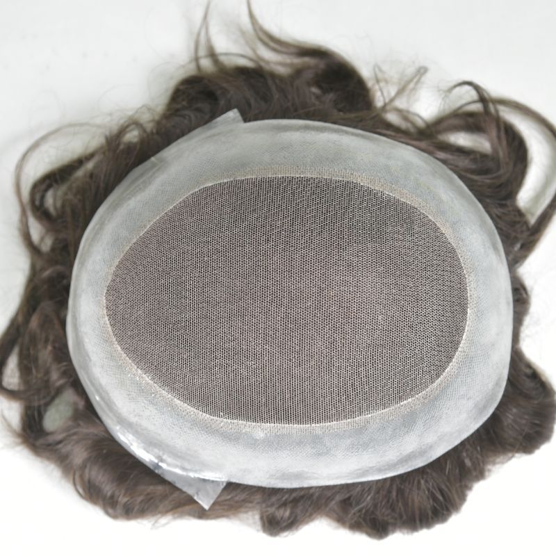 Men's Toupee Durable PU Skin Base with Soft French Lace Hairpieces 100% Human Hair Toupee for Men 2# Dark Brown  Hair  System Men Wigs