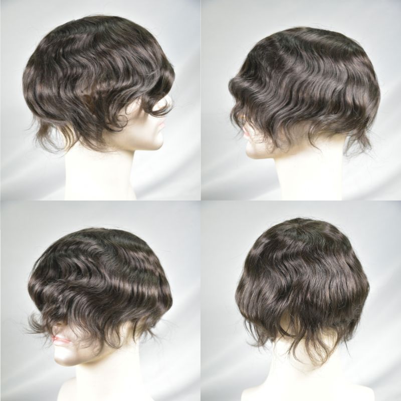 Men's Toupee Durable PU Skin Base with Soft French Lace Hairpieces 100% Human Hair Toupee for Men 2# Dark Brown  Hair  System Men Wigs