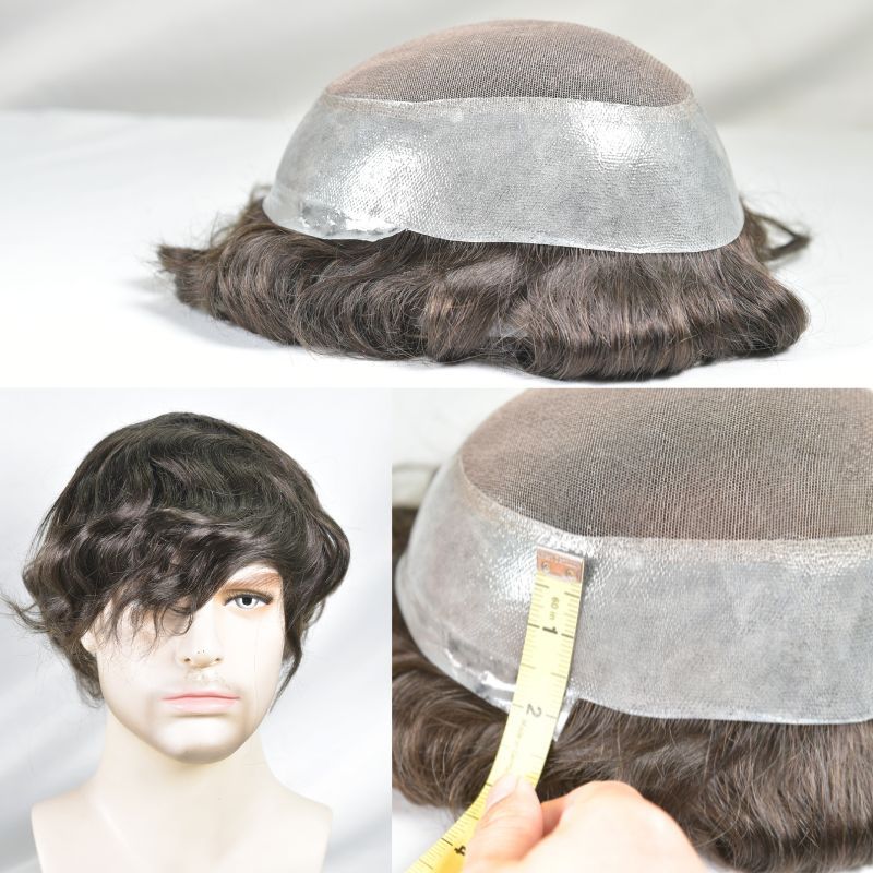 Men's Toupee Durable PU Skin Base with Soft French Lace Hairpieces 100% Human Hair Toupee for Men 2# Dark Brown  Hair  System Men Wigs