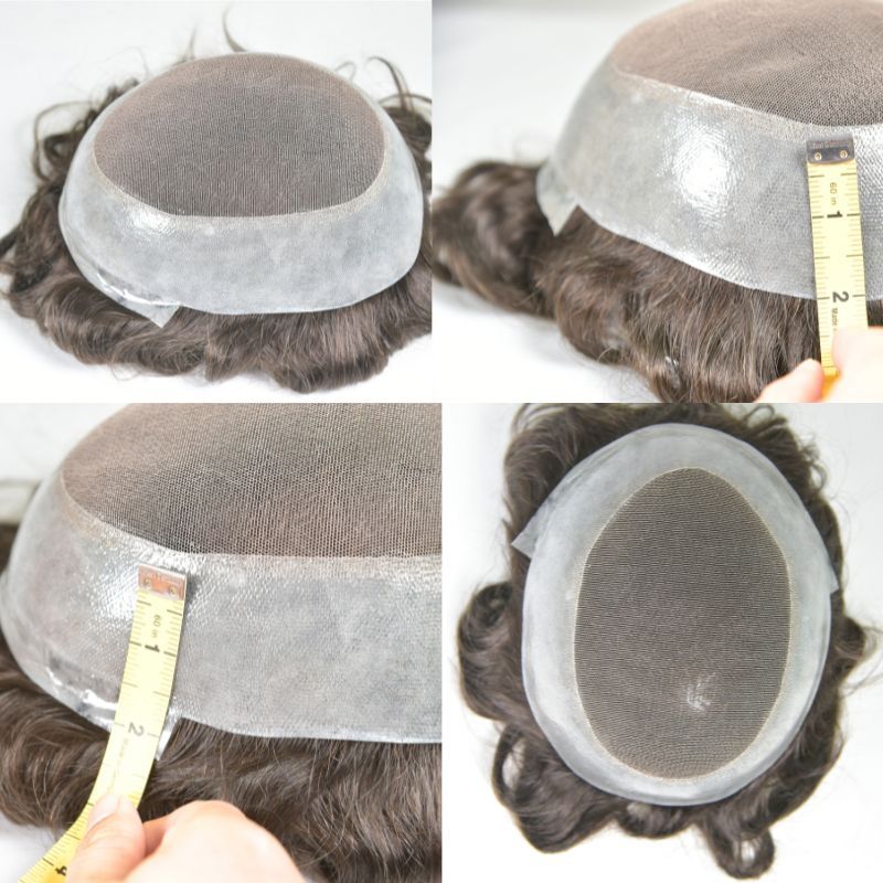 Men's Toupee Durable PU Skin Base with Soft French Lace Hairpieces 100% Human Hair Toupee for Men 2# Dark Brown  Hair  System Men Wigs