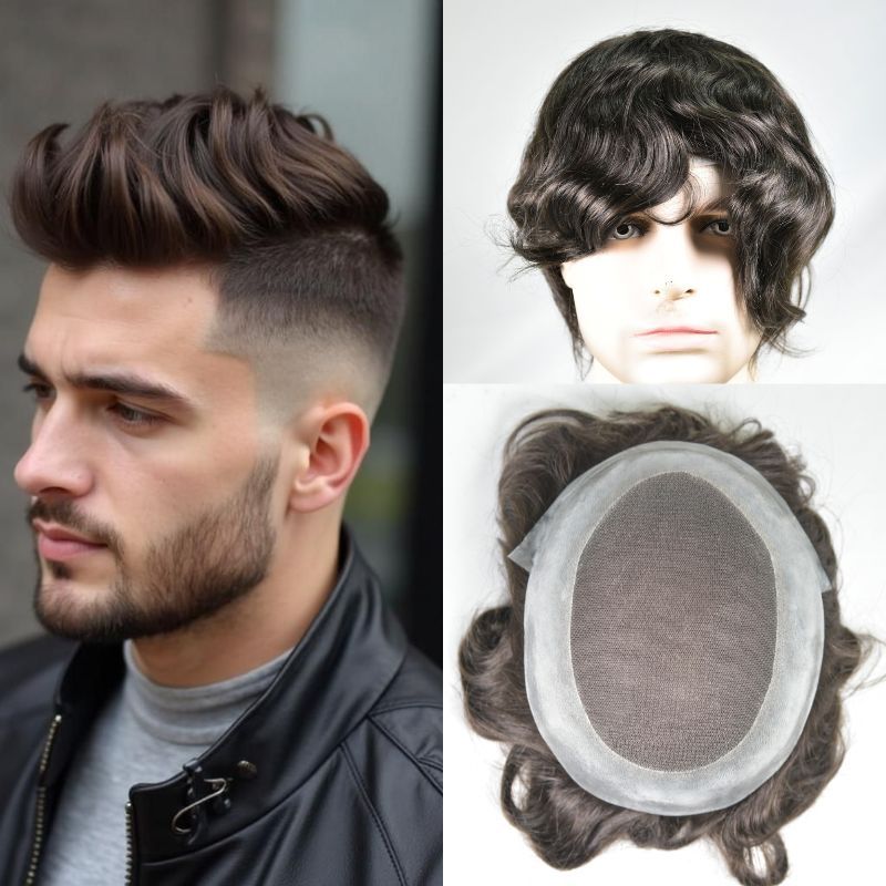Men's Toupee Durable PU Skin Base with Soft French Lace Hairpieces 100% Human Hair Toupee for Men 2# Dark Brown  Hair  System Men Wigs