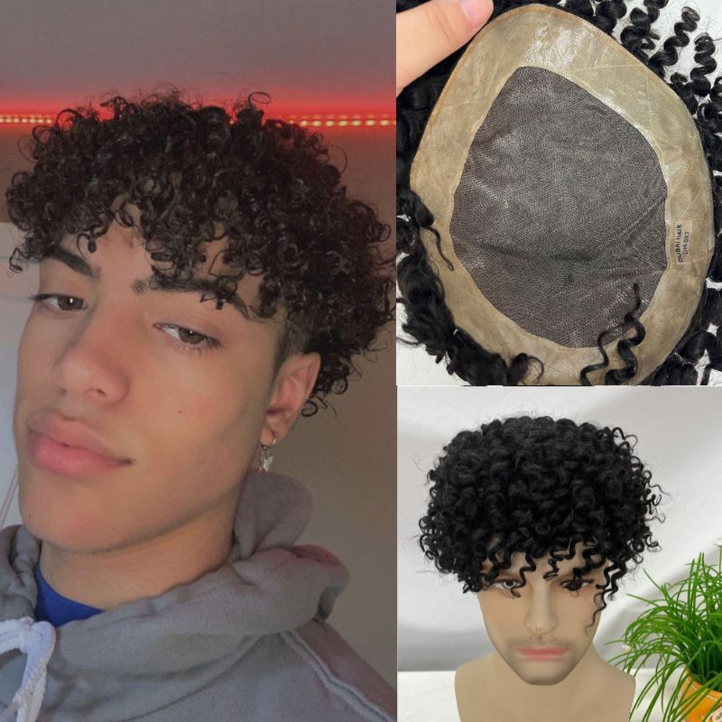Voloria 360 15MM-18MM Loose Small Curly Hair Mono with PU Men Wig Human Hair Toupee For Male Curly Wigs Hair Pieces 9x7 10x7 11x8 Black Color
