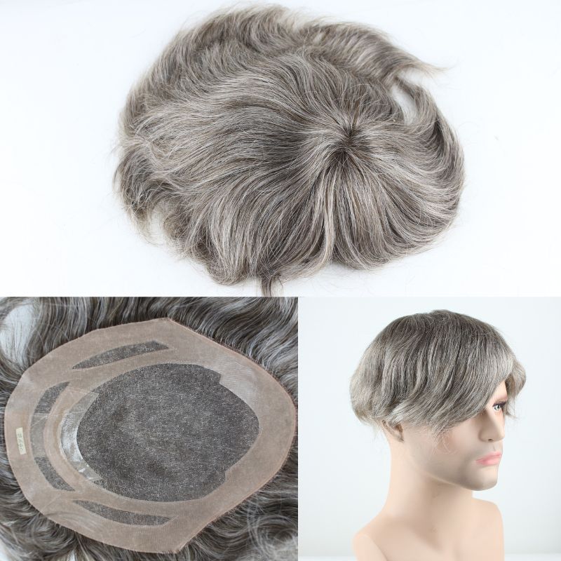Men's Toupee 640# 60% #6 Brown Human Hair Mixed with 40% Synthetic White Hair Toupee For Men Mono Lace with PU Hair System 10X8inch