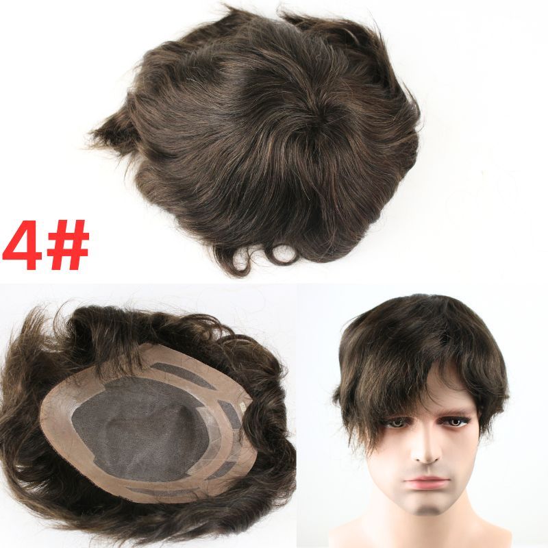 Men's Toupee 640# 60% #6 Brown Human Hair Mixed with 40% Synthetic White Hair Toupee For Men Mono Lace with PU Hair System 10X8inch